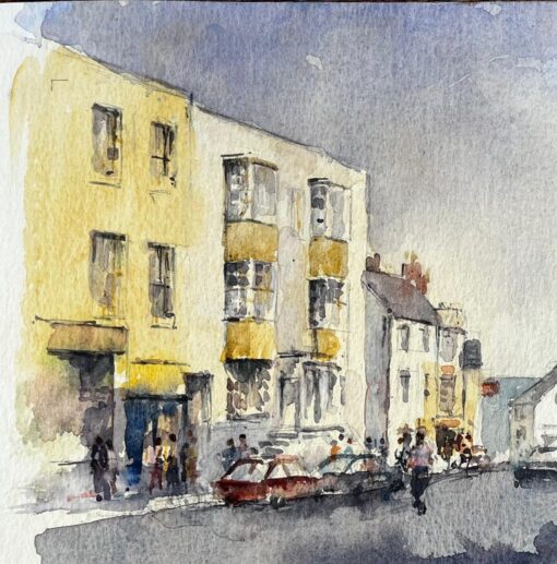 Busy High Street Scene with Figures Cars and Yellow Townhouses Watercolour - Image 5