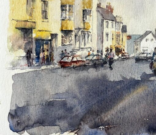 Busy High Street Scene with Figures Cars and Yellow Townhouses Watercolour - Image 6