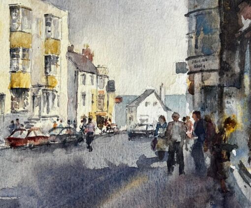 Busy High Street Scene with Figures Cars and Yellow Townhouses Watercolour - Image 7