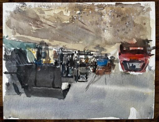 Busy High Street Scene with Figures Cars and Yellow Townhouses Watercolour - Image 8