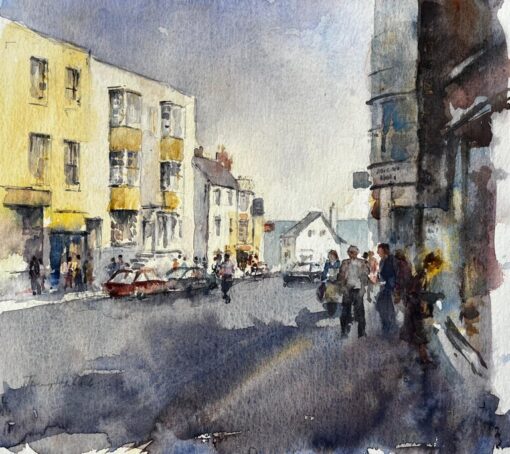 Busy High Street Scene with Figures Cars and Yellow Townhouses Watercolour