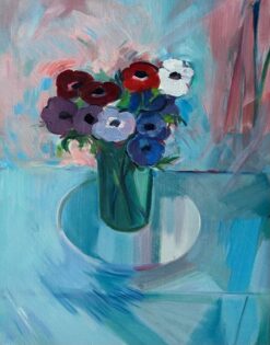 Original Oil Painting of a Bouquet of Anemones in Full Bloom on a Glass Table