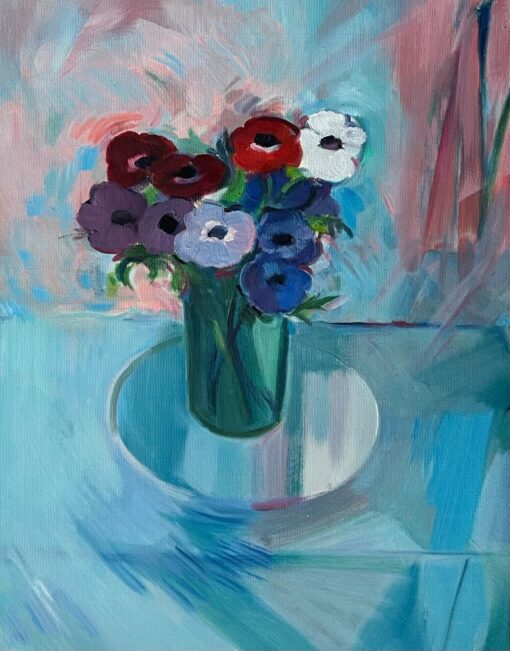 Original Oil Painting of a Bouquet of Anemones in Full Bloom on a Glass Table