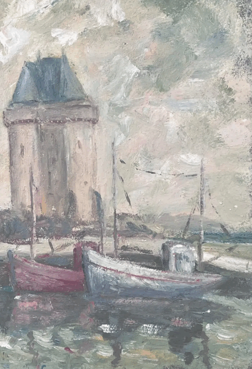 Boats Docked Under The Lighthouse Harbour French Landscape Oil Painting - Image 3