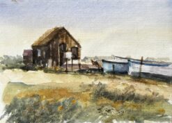 Weathered Coastal Boathouse with Fishing Boats and Dunes Watercolour Painting
