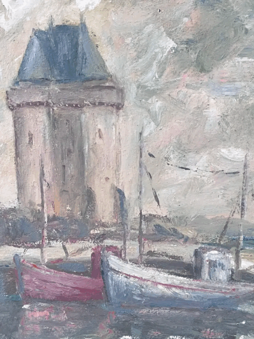 Boats Docked Under The Lighthouse Harbour French Landscape Oil Painting - Image 4