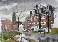 Southwold York Road Scene with Red Brick Terraces Trees and Puddles Watercolour