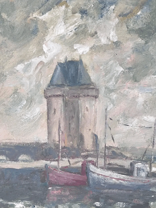 Boats Docked Under The Lighthouse Harbour French Landscape Oil Painting - Image 5