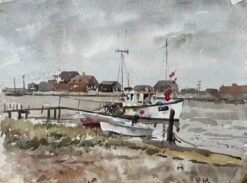Southwold Harbour Fishing Boat Low Tide Estuary Scene with Sheds and Moorings
