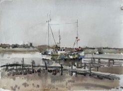 Southwold River Blyth Fishing Boat Low Tide Marsh Scene with Jetty and Church