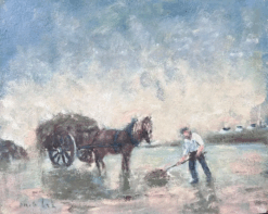Farmer and Horse In a Pastoral French Field Landscape Oil Painting