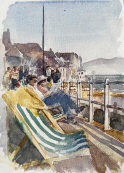 Seaside Promenade with Deckchairs Summer Crowd and Ocean View Watercolour