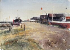 Coastal Boatyard with Fishing Huts Beached Boats and Red Flag Watercolour Scene