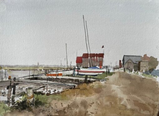 Southwold Harbour Boats and Boat Sheds with Jetty and Estuary Mudflats 1992