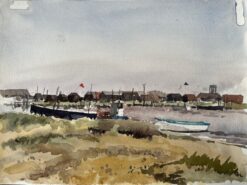 Walberswick Boats and Fishing Huts on the Riverbank with Grasses and Red Flag