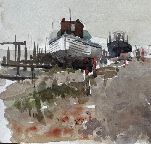 Southwold Boatyard with Red Flag Fishing Sheds and Harbour Walkway Watercolour - Image 3