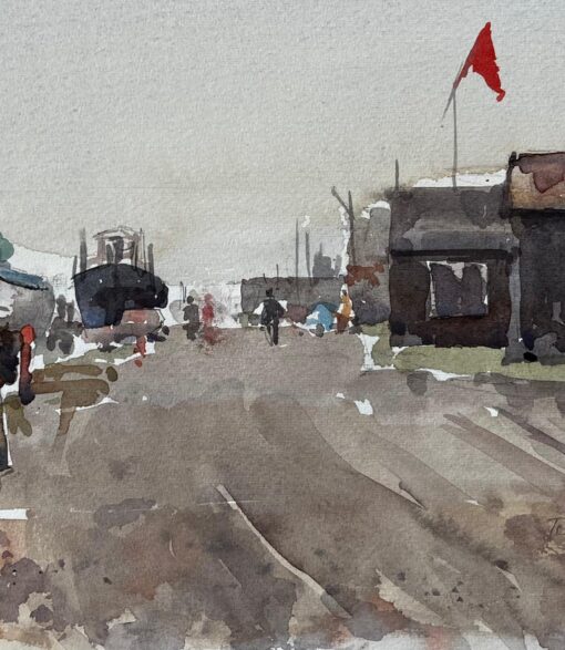 Southwold Boatyard with Red Flag Fishing Sheds and Harbour Walkway Watercolour - Image 4
