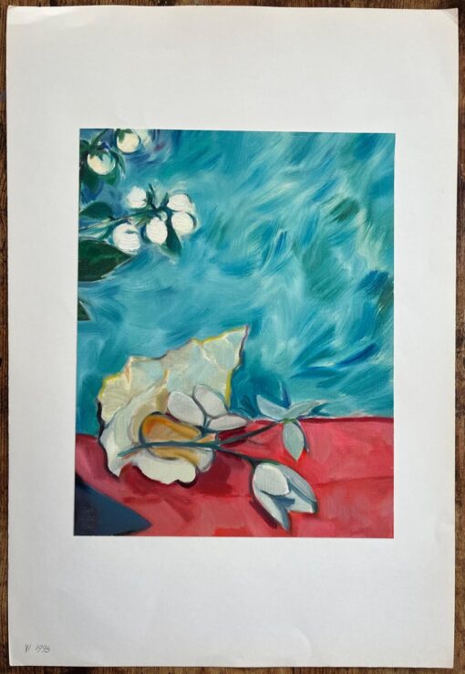 Original Oil Painting of a Shell and Blossoms on Crimson Fabric - Image 2