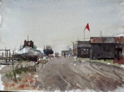 Southwold Boatyard with Red Flag Fishing Sheds and Harbour Walkway Watercolour