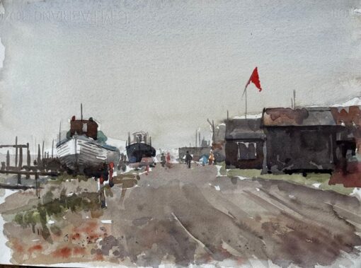 Southwold Boatyard with Red Flag Fishing Sheds and Harbour Walkway Watercolour