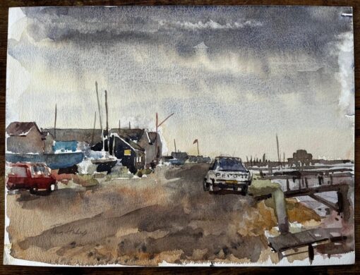 Southwold Harbour with Boatsheds Moored Vessels Peugeot Car and Cloudy Sky - Image 2