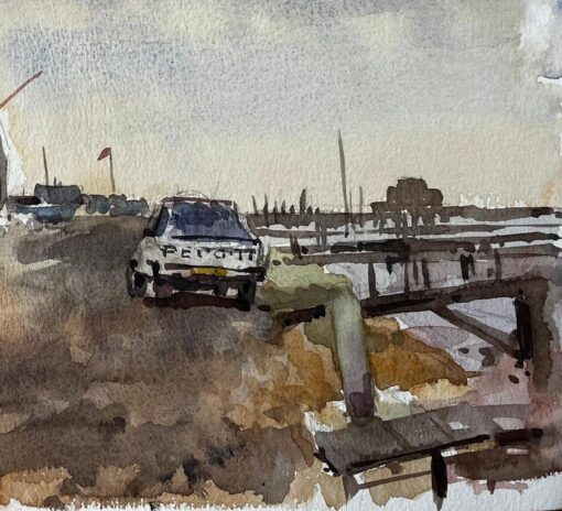 Southwold Harbour with Boatsheds Moored Vessels Peugeot Car and Cloudy Sky - Image 3