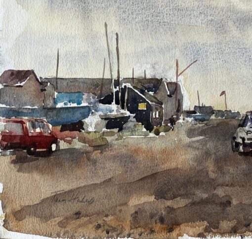 Southwold Harbour with Boatsheds Moored Vessels Peugeot Car and Cloudy Sky - Image 4