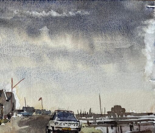 Southwold Harbour with Boatsheds Moored Vessels Peugeot Car and Cloudy Sky - Image 5