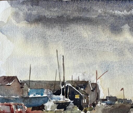Southwold Harbour with Boatsheds Moored Vessels Peugeot Car and Cloudy Sky - Image 6