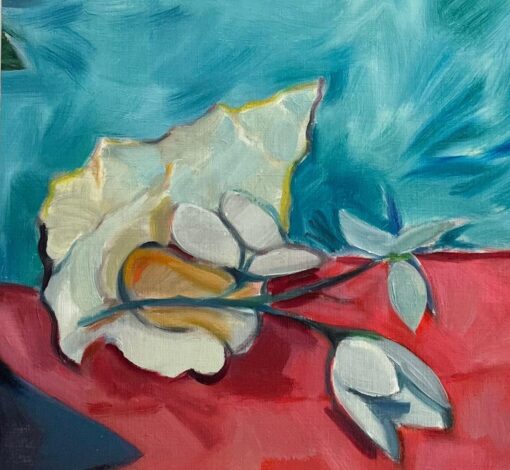 Original Oil Painting of a Shell and Blossoms on Crimson Fabric - Image 3