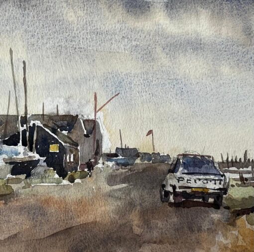 Southwold Harbour with Boatsheds Moored Vessels Peugeot Car and Cloudy Sky - Image 7