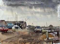 Southwold Harbour with Boatsheds Moored Vessels Peugeot Car and Cloudy Sky