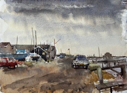 Southwold Harbour with Boatsheds Moored Vessels Peugeot Car and Cloudy Sky