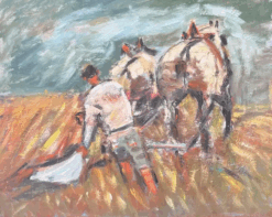 Figure Ploughing the Orange Harvest Field Led By Horses French Oil Painting