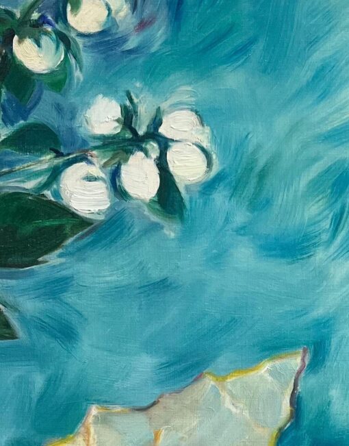 Original Oil Painting of a Shell and Blossoms on Crimson Fabric - Image 4