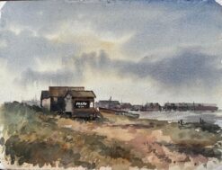 Southwold Harbour Ferry Hut with Distant Shoreline and Boats Watercolour