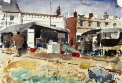 Coastal Fishing Huts with Nets and Harbour Debris Watercolour Landscape