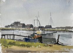 Southwold Harbour Fishing Boats and Jetty Coastal Watercolour Scene 1995