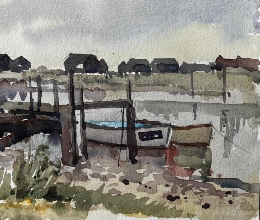 Low Tide Fishing Boats and Jetties Coastal Marsh Scene July 1996 Watercolour - Image 3