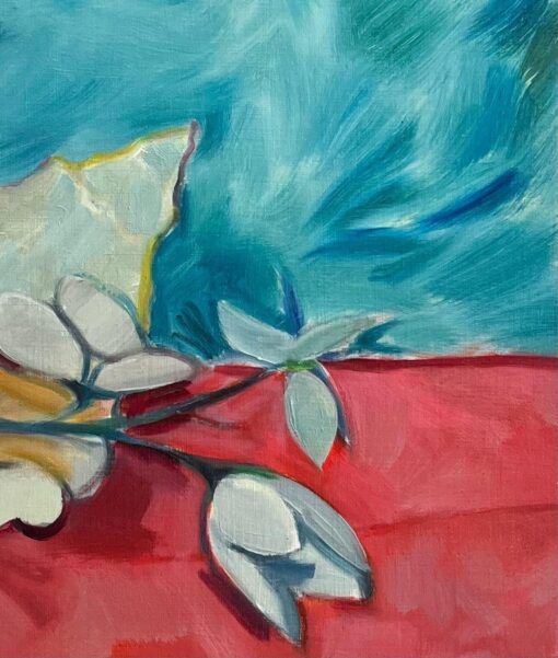 Original Oil Painting of a Shell and Blossoms on Crimson Fabric - Image 6