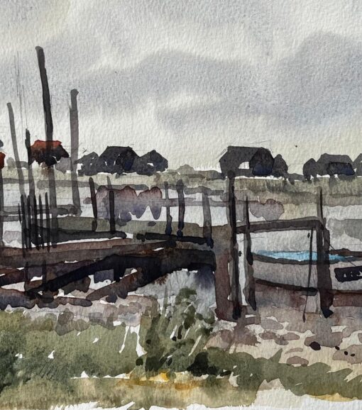 Low Tide Fishing Boats and Jetties Coastal Marsh Scene July 1996 Watercolour - Image 4