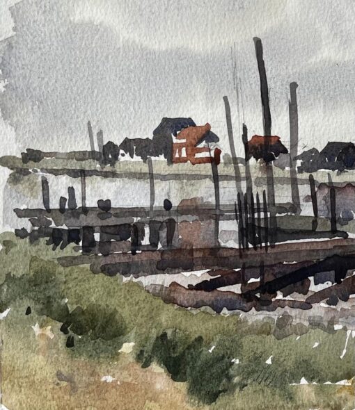 Low Tide Fishing Boats and Jetties Coastal Marsh Scene July 1996 Watercolour - Image 5