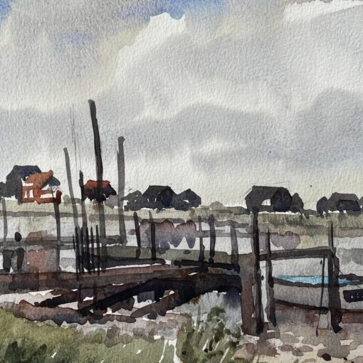 Low Tide Fishing Boats and Jetties Coastal Marsh Scene July 1996 Watercolour - Image 7