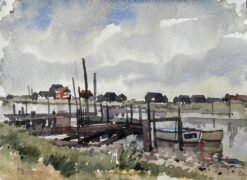 Low Tide Fishing Boats and Jetties Coastal Marsh Scene July 1996 Watercolour