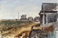 Walberswick Coastal Cottages with Figures and Fishing Shed Watercolour Scene