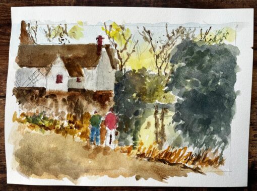 Flatford Mill Suffolk Landscape with Figures and Thatched Cottage Watercolour - Image 2