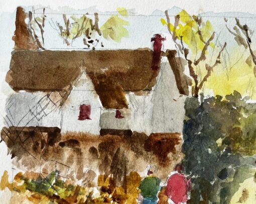 Flatford Mill Suffolk Landscape with Figures and Thatched Cottage Watercolour - Image 3