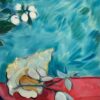 Original Oil Painting of a Shell and Blossoms on Crimson Fabric