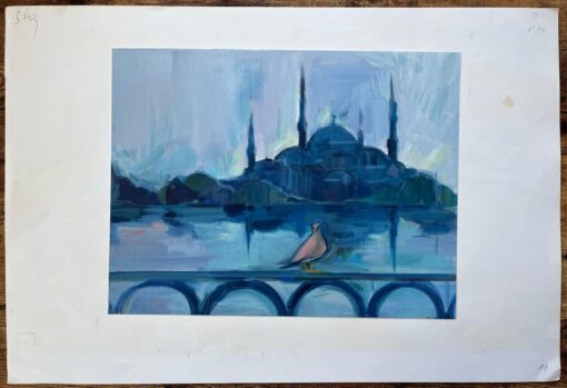 Original Oil Painting of Istanbul’s Blue Mosque with Reflection and Bird - Image 3