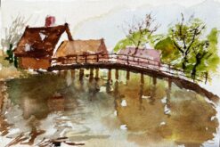Flatford Mill Footbridge with Reflections and Thatched Cottages Suffolk